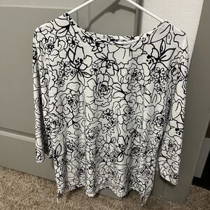 Cathy Daniel’s Black & White Floral Silver Buttons Top Roll Tab Sleeves Size XL